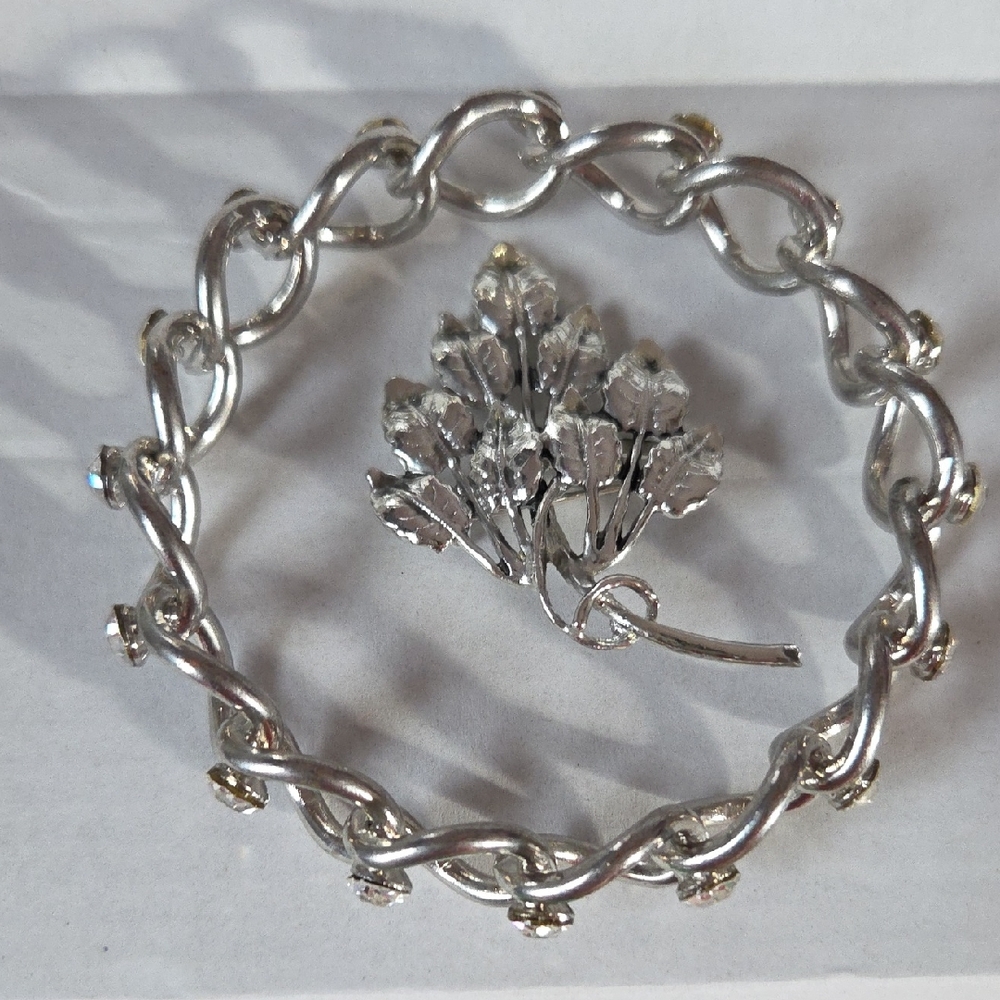 Vintage Silver Floral Brooch  & Cuff Bracelet with Rhinestones
